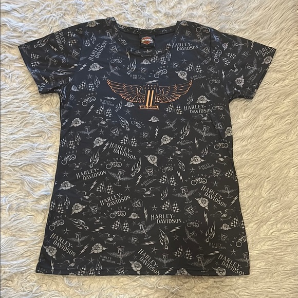 Harley-Davidson Black, Orange And White Logo Short Sleeve Tshirt - Picture 1 of 7